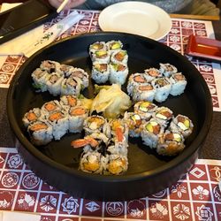 Sakana Japanese Restaurant - Spicy tuna roll, crunchy shrimp roll, bagel roll, salmon + avocado roll, yellowtail + scallions roll