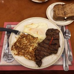 7oz N.Y. Steak, Two Eggs, Hash Browns, Toast & Jelly