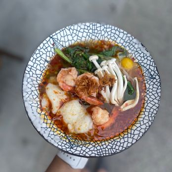 Petite Dumpling - Mala Soup - with Veggie broth, shrimp, sliced fish, mushroom - comes with a quail egg  Follow @BZeaters on IG for more food recs! - Dim Sum Near Me - Brooklyn, New York