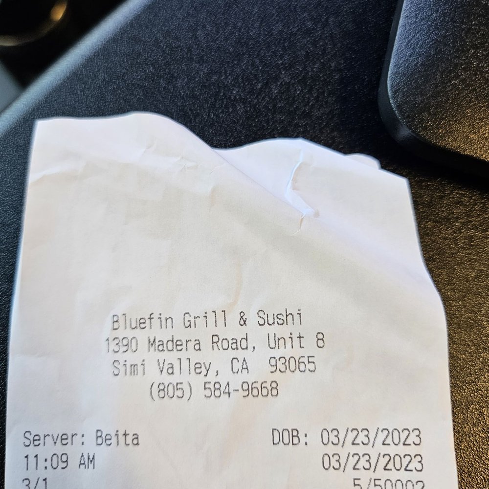 Urban Taco - The receipt saying Bluefin Grill & Sushi - Tacos Near Me - Simi Valley, California Urban Taco - The receipt saying Bluefin Grill & Sushi - Tacos Near Me - Simi Valley, California