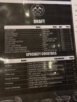 Menu photo 2 Axe Bar Reno, NV
