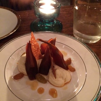 Blanchette - Caramel Poached Pear with Semi Dried Grapes and Creme Patissiere - Bistros Near Me - London, XGL Blanchette - Caramel Poached Pear with Semi Dried Grapes and Creme Patissiere - Bistros Near Me - London, XGL