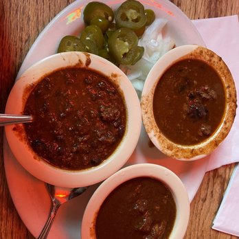 Texas Chili Parlor - White Pork Chili (left), Venison (right), Chunky Beef no Beans (bottom) - American Near Me - Austin, Texas