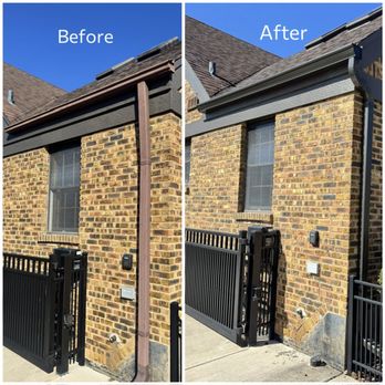 Ultimate Gutter - Before and After, from old brown gutters to new bronze gutters and downspouts. - Gutter Services Near Me - Schaumburg, Illinois Ultimate Gutter - Before and After, from old brown gutters to new bronze gutters and downspouts. - Gutter Services Near Me - Schaumburg, Illinois