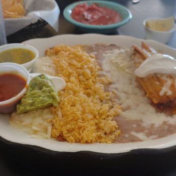 Angels Mexican Kitchen - Combination plate with cheese enchilada and pork tamal with rice/beans. - Mexican Near Me - Angels Camp, California