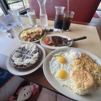 Cypress Breakfast House - a steak with 2 eggs and sides of my choices, chocolate lovers waffle and cheese omelette for my son with sides. - Breakfast & Brunch Near Me - Cypress, Texas