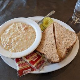 creamy rice and chicken with ham salad sandwich