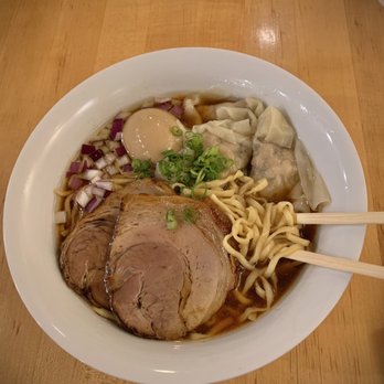 Tsurumen 1000 - Shoyu Ramen + wontons and soft boiled egg (flat, curly noodles) - Ramen Near Me - Somerville, Massachusetts Tsurumen 1000 - Shoyu Ramen + wontons and soft boiled egg (flat, curly noodles) - Ramen Near Me - Somerville, Massachusetts