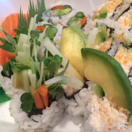 Spicy California roll, vegetable roll, salmon sushi