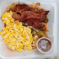Pam's Kitchen - Justin breakfast plate, hashbrowns w cheese and jalapeno, 3 eggs and 4 slices bacon.