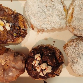 Parlor Doughnuts - Three raspberry filled, two campfire and one cinnamon donut - Donuts Near Me - Lakeland, Florida