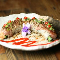 Japonica - Redondo Beach - Bluefin Samurai. Bluefin tuna on top with Spicy tuna w/ponzu & chili sauce. Enjoy mixture of torched & raw sushi interplaying in your mouth
