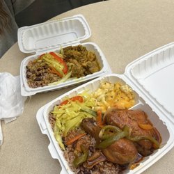 Authentic Jerk Restaurant and Grill - Large Chicken Fricasse Plate with Mac and Cheese and Cabbage  Small Curry Chicken with Cabbage