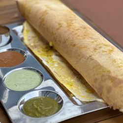 Sangam Indian Restaurant - Egg dosa with onions and chutney (coriander, coconut, tomato) and lentils
