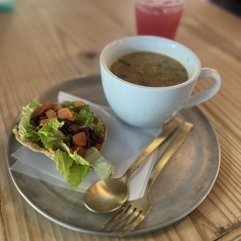 Callie's Kitchen - House mushroom soup w/ Hummus tostada - Vegan Near Me - Tomball, Texas
