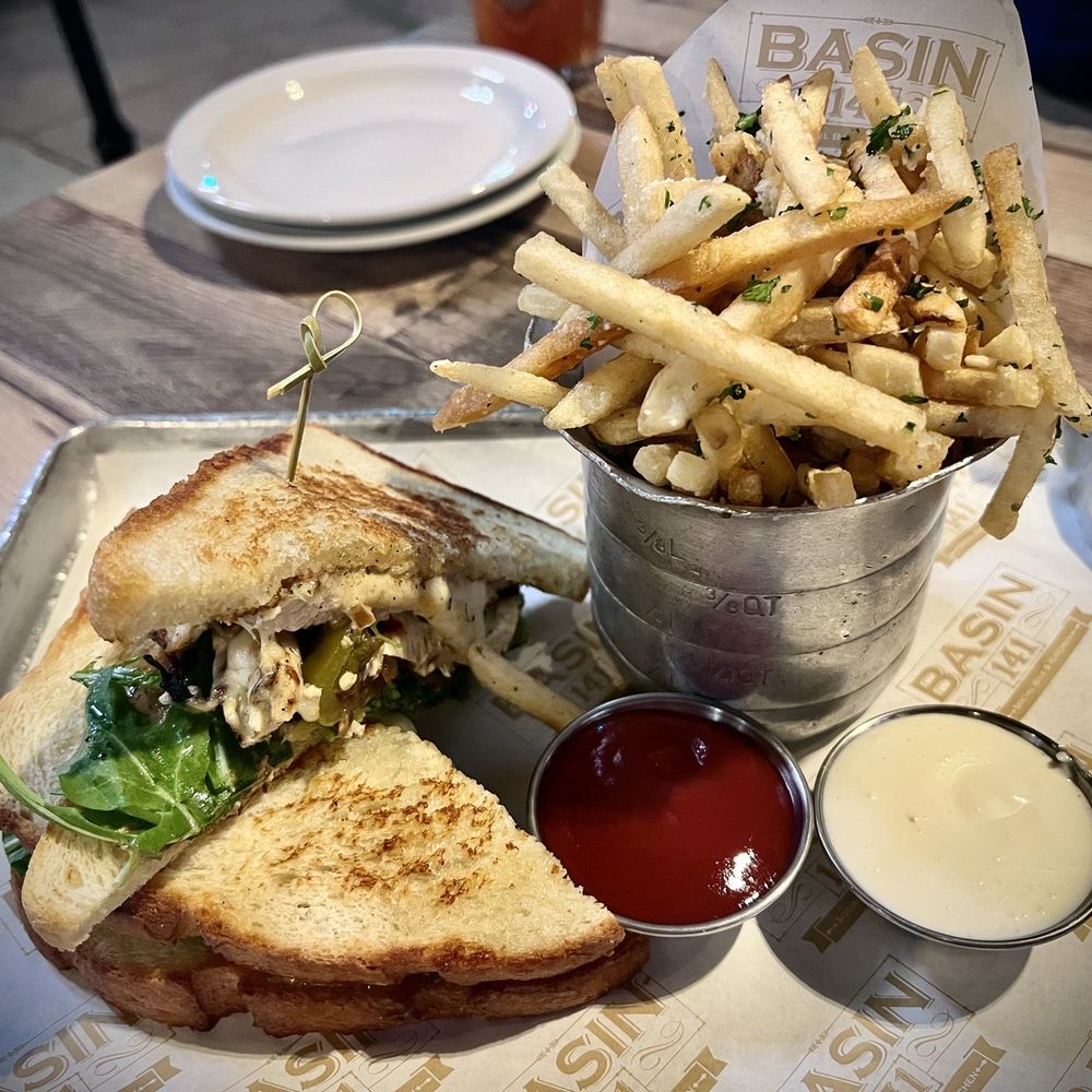 Basin 141 - Pickens Chicken Sandwich with Garlic Parmesan Fries - Gastropubs Near Me - Monrovia, California Basin 141 - Pickens Chicken Sandwich with Garlic Parmesan Fries - Gastropubs Near Me - Monrovia, California