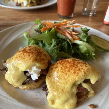 The Gryphon - Prime rib Benedict with greens. - New American Near Me - Burlington, Vermont