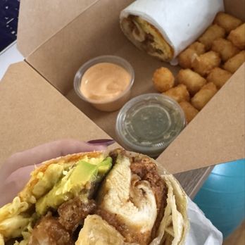 OB Surf Cafe - Fried chicken and egg burrito + side of spicy aioli - Breakfast & Brunch Near Me - San Diego, California
