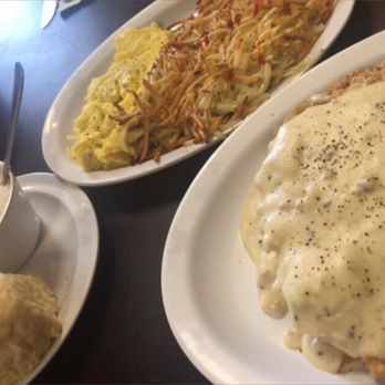 Renae's Cafe - Chicken fried steak, scrambled eggs, hash browns and biscuit and gravy OMG so much delicious food!! - American Near Me - Bakersfield, California