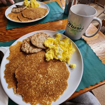 Moore's Maple Shack and Pancake House - This is the first serving of pancakes with eggs and meat. The pancakes keep coming! The sausage is great! They also have ham and bacon. - Specialty Food Near Me - Freedom, New York Moore's Maple Shack and Pancake House - This is the first serving of pancakes with eggs and meat. The pancakes keep coming! The sausage is great! They also have ham and bacon. - Specialty Food Near Me - Freedom, New York