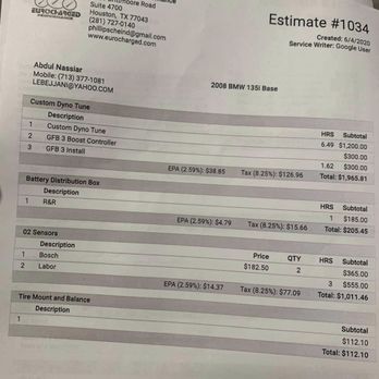 Eurocharged Performance - Getting charged labor tax??? Plus overcharged bill that I would still pay to get my car but they're refusing my money - Auto Customization Near Me - Houston, Texas Eurocharged Performance - Getting charged labor tax??? Plus overcharged bill that I would still pay to get my car but they're refusing my money - Auto Customization Near Me - Houston, Texas