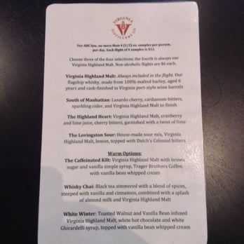 Virginia Distillery Company - Sampler menu as of 3/5/16- note that the sampler price has gone up to $12! - Distilleries Near Me - Lovingston, Virginia Virginia Distillery Company - Sampler menu as of 3/5/16- note that the sampler price has gone up to $12! - Distilleries Near Me - Lovingston, Virginia