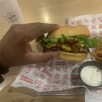 Smashburger - Double Bacon Smash Burger and Haystack Onions - Burgers Near Me - Pearland, Texas Smashburger - Double Bacon Smash Burger and Haystack Onions - Burgers Near Me - Pearland, Texas