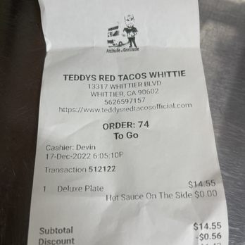 Teddy's Red Tacos - Deluxe plate $15 but the Whittier tax is - Tacos Near Me - Whittier, California Teddy's Red Tacos - Deluxe plate $15 but the Whittier tax is - Tacos Near Me - Whittier, California