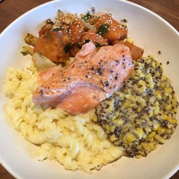 Flower Child - Mix-N-Match with salmon, gluten free Mac & Cheese, Red Chili Glazed Sweet Potato, and Sweet Corn & Quinoa. - Vegetarian Near Me - Dallas, Texas Flower Child - Mix-N-Match with salmon, gluten free Mac & Cheese, Red Chili Glazed Sweet Potato, and Sweet Corn & Quinoa. - Vegetarian Near Me - Dallas, Texas
