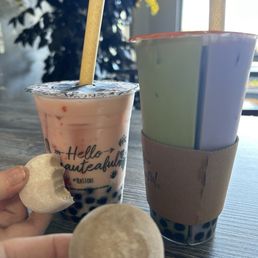 Strawberry boba and matcha and taro spilt boba Strawberry boba and matcha and taro spilt boba