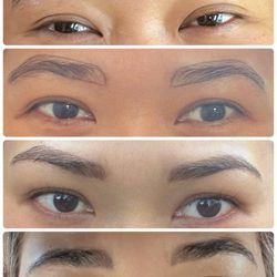 Top: before Marlee's hand, drawing brows, finished look 1st time visiting, 2 week brows after touch up visited