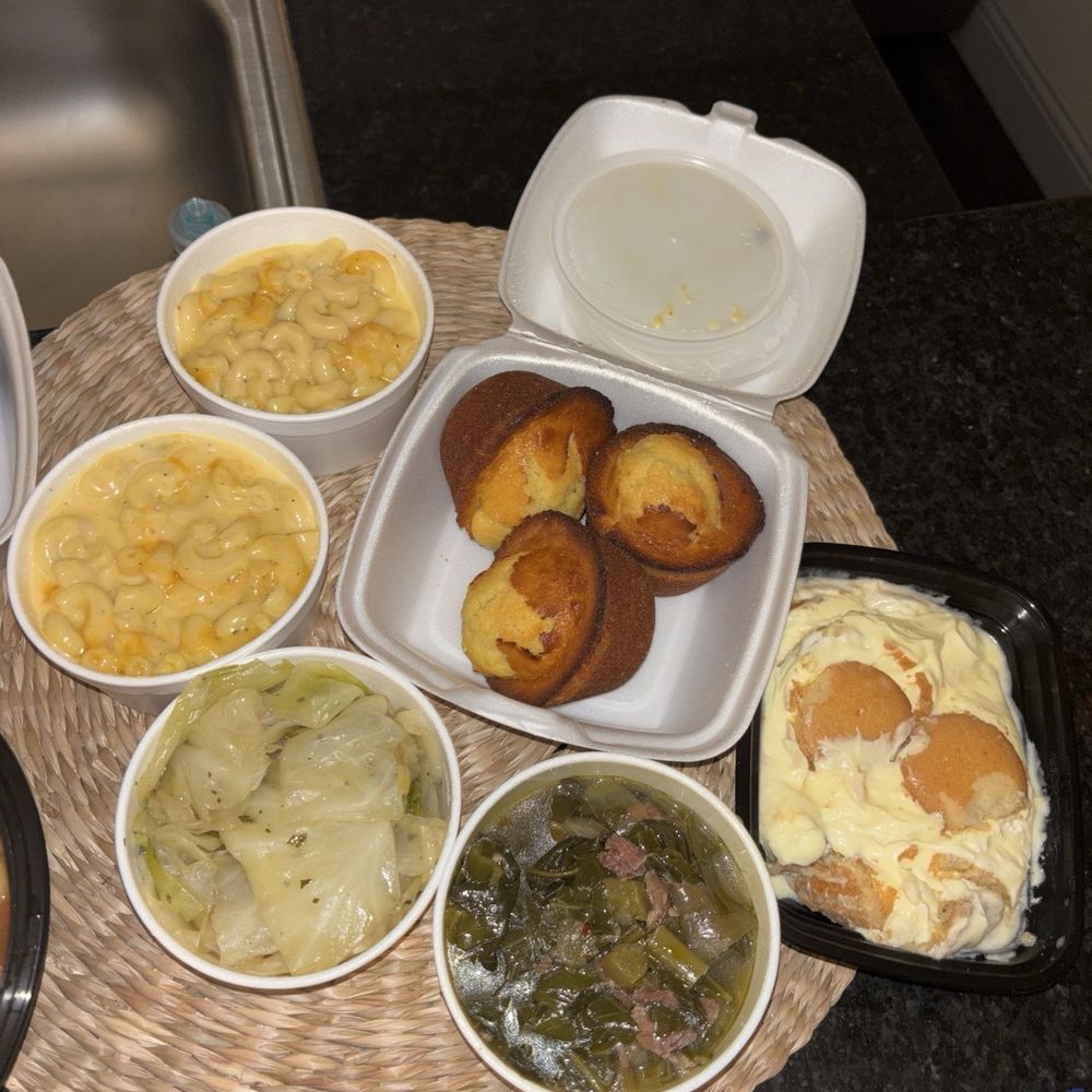 Southern Gourmet Kitchen - 2 Mac and Cheese Braised Cabbage Collard Greens Cornbread Muffins Banana Pudding - Southern Near Me - Plano, Texas Southern Gourmet Kitchen - 2 Mac and Cheese Braised Cabbage Collard Greens Cornbread Muffins Banana Pudding - Southern Near Me - Plano, Texas