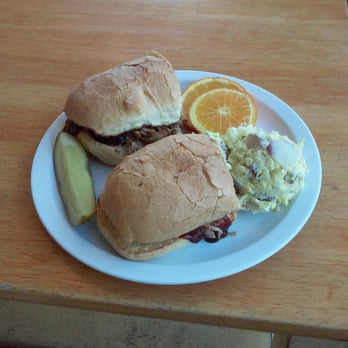 Hula Hut - The pulled pork sandwich, with a side of potato salad. - Ice Cream & Frozen Yogurt Near Me - Avila Beach, California Hula Hut - The pulled pork sandwich, with a side of potato salad. - Ice Cream & Frozen Yogurt Near Me - Avila Beach, California
