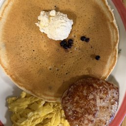 blueberry pancakes, sausage and eggs  very big portions!!