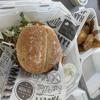 Wandaful Things - Crabcake sandwich with fried zucchini. - Salad Near Me - Kingsland, Georgia