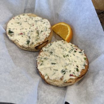 Bagelry & Bistro - Jalapeño cream cheese on bagels with yummies on BOTH sides - Bagels Near Me - Garden Grove, California