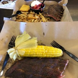 Baby-back ribs, corn on the cob, fries, strawberry short cake and tea mixed with lemonade. Mmmmm Baby-back ribs, corn on the cob, fries, strawberry short cake and tea mixed with lemonade. Mmmmm