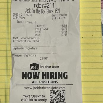 Jack in the Box - Refund receipt, 10 MINUTES after I placed my order. Way too long. - Fast Food Near Me - Fair Oaks, California Jack in the Box - Refund receipt, 10 MINUTES after I placed my order. Way too long. - Fast Food Near Me - Fair Oaks, California