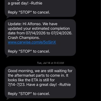 Crash Champions Collision Repair Monroe - txts message "updates" from crash champiosn of monroe. - Auto Repair Near Me - Monroe, Washington Crash Champions Collision Repair Monroe - txts message "updates" from crash champiosn of monroe. - Auto Repair Near Me - Monroe, Washington