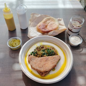Hummus Bodega - Forest Hummus with adding crispy egg plants, pita bread, Halva Mousse Desset (V,GF) - Kosher Near Me - San Francisco, California