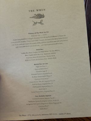 Menu photo 1 The Wren Baltimore, MD Menu photo 1 The Wren Baltimore, MD