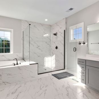 DENALI BUILDERS & Design - Very big and usable master bathroom with a big walk-in shower, all black fixtures, new gray light vanity with a tub - General Contractors Near Me DENALI BUILDERS & Design - Very big and usable master bathroom with a big walk-in shower, all black fixtures, new gray light vanity with a tub - General Contractors Near Me