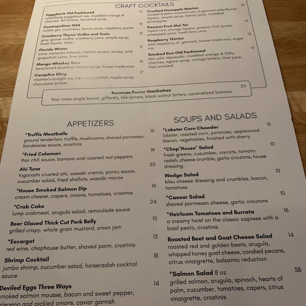 ChopHouse Thirteen - Part of the menu. But we ordered off the bar menu. - Bars Near Me - Jacksonville, Florida ChopHouse Thirteen - Part of the menu. But we ordered off the bar menu. - Bars Near Me - Jacksonville, Florida