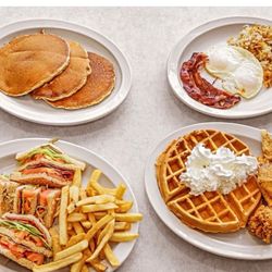 Grand Rising Cafe - 3 Pancakes with Meat Chicken and Waffle Fries Hash Browns