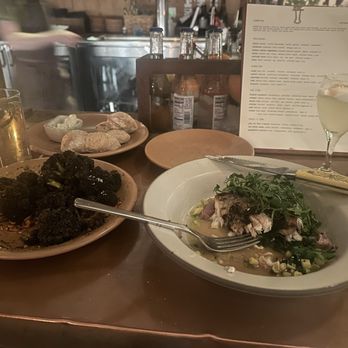 Campfire - Market fish with bacon in a broth that's savory. And mild.  Top it off with a great spirit. The servers are so nice and creative too. - New American Near Me - Carlsbad, California