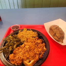 Pulled Chicken, Dirty Rice, Sweet Potato, and Collard Greens Pulled Chicken, Dirty Rice, Sweet Potato, and Collard Greens