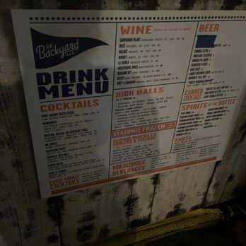 BK Backyard Bar - a menu for drinks - A printed drink menu at BK Backyard Bar in Brooklyn, NY, displays wine, beer, high balls, seasonal frozen drinks, and non-alcoholic beverages. - Bars Near Me - Brooklyn, New York