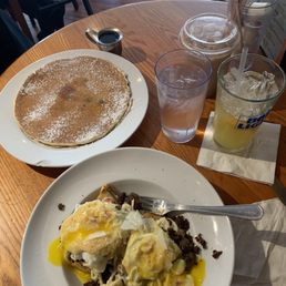 Eggs Benedict (Alfredo special) 1 Pancake with Fruit (blueberry pancake) real maple syrup, mimosa, iced chai Eggs Benedict (Alfredo special) 1 Pancake with Fruit (blueberry pancake) real maple syrup, mimosa, iced chai