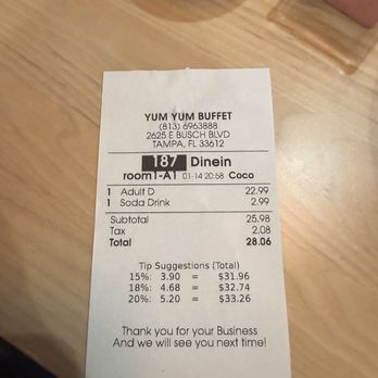 Yum Yum Buffet - Receipt - Buffets Near Me - Tampa, Florida Yum Yum Buffet - Receipt - Buffets Near Me - Tampa, Florida