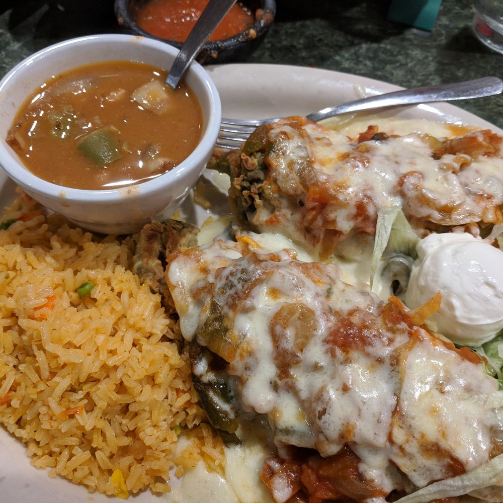 Papagayo's Mexican - Chile Rellenos, I could've done without the tomatoes on the topping mixture. - Mexican Near Me - Houston, Texas Papagayo's Mexican - Chile Rellenos, I could've done without the tomatoes on the topping mixture. - Mexican Near Me - Houston, Texas